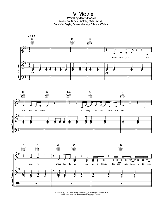 Preview Pulp TV Movie Pop sheet music, notes and chords for Piano, Vocal & Guitar, SKU: 14784 sheet music, piano notes, chords, guitar tabs, score, transpose, transcribe, how to play, guide, download, learn, tutorial, progression, song, artist, awards, billboard, mtv, vh1, tour, single, album, release