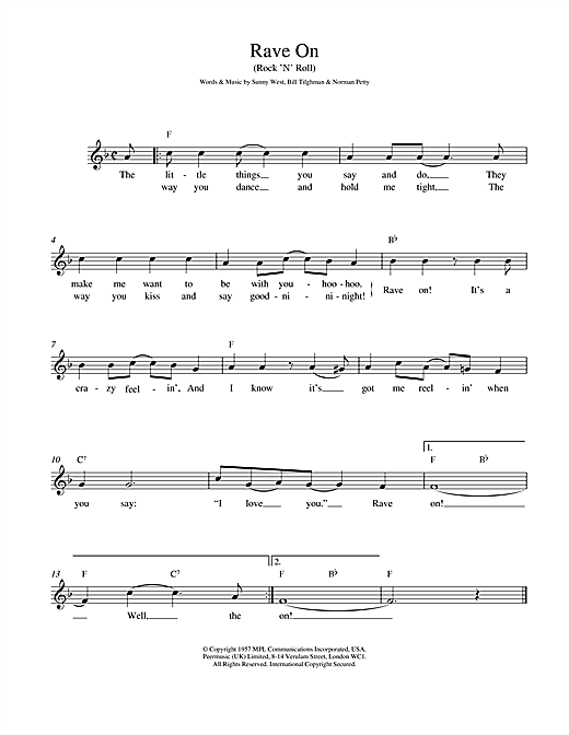 Preview Buddy Holly Rave On Rock N Roll sheet music, notes and chords for Melody Line, Lyrics & Chords, SKU: 14785 sheet music, piano notes, chords, guitar tabs, score, transpose, transcribe, how to play, guide, download, learn, tutorial, progression, song, artist, awards, billboard, mtv, vh1, tour, single, album, release