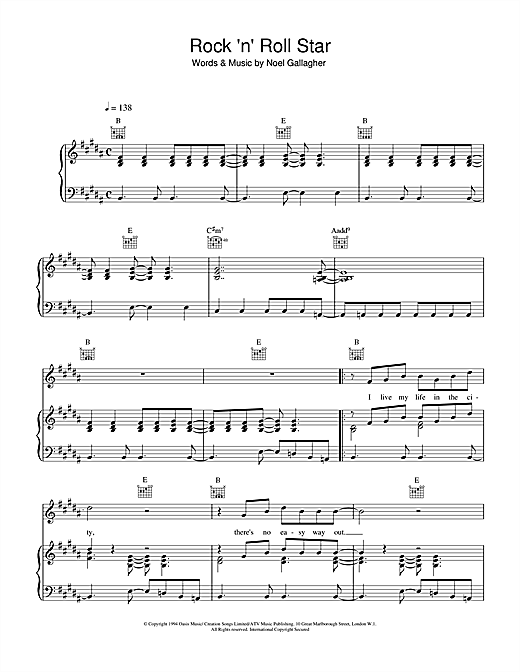 Preview Oasis Rock 'N' Roll Star Pop sheet music, notes and chords for Piano, Vocal & Guitar (Right-Hand Melody), SKU: 14790 sheet music, piano notes, chords, guitar tabs, score, transpose, transcribe, how to play, guide, download, learn, tutorial, progression, song, artist, awards, billboard, mtv, vh1, tour, single, album, release