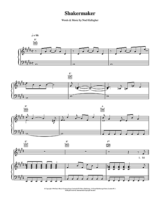 Preview Oasis Shakermaker Pop sheet music, notes and chords for Piano, Vocal & Guitar (Right-Hand Melody), SKU: 14799 sheet music, piano notes, chords, guitar tabs, score, transpose, transcribe, how to play, guide, download, learn, tutorial, progression, song, artist, awards, billboard, mtv, vh1, tour, single, album, release