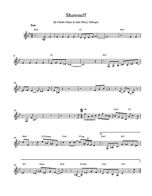 Preview Charlie Parker Shawnuff Jazz sheet music, notes and chords for Melody Line & Chords, SKU: 14800 sheet music, piano notes, chords, guitar tabs, score, transpose, transcribe, how to play, guide, download, learn, tutorial, progression, song, artist, awards, billboard, mtv, vh1, tour, single, album, release