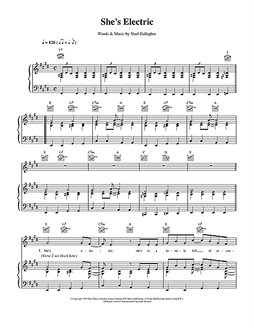 Preview Oasis She's Electric Pop sheet music, notes and chords for Piano, Vocal & Guitar (Right-Hand Melody), SKU: 14801 sheet music, piano notes, chords, guitar tabs, score, transpose, transcribe, how to play, guide, download, learn, tutorial, progression, song, artist, awards, billboard, mtv, vh1, tour, single, album, release