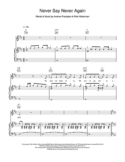 Preview Steps Never Say Never Again Pop sheet music, notes and chords for Piano, Vocal & Guitar (Right-Hand Melody), SKU: 14816 sheet music, piano notes, chords, guitar tabs, score, transpose, transcribe, how to play, guide, download, learn, tutorial, progression, song, artist, awards, billboard, mtv, vh1, tour, single, album, release