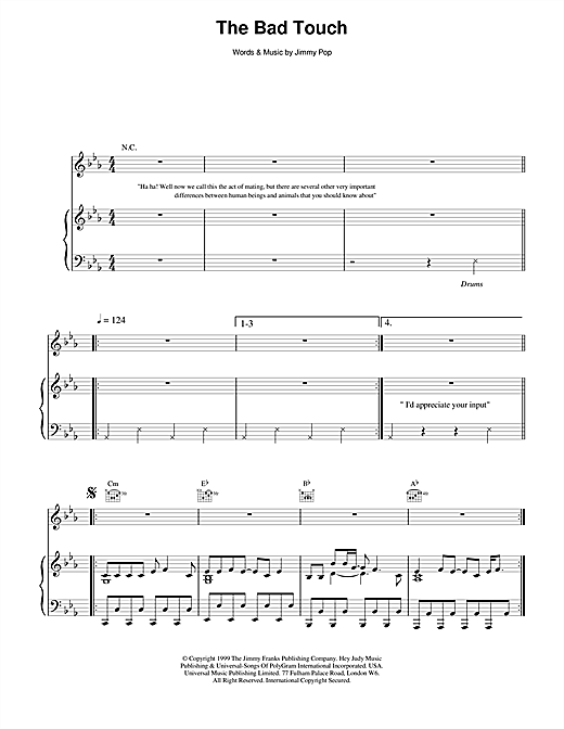 Preview The Bloodhound Gang The Bad Touch Rock sheet music, notes and chords for Piano, Vocal & Guitar, SKU: 14846 sheet music, piano notes, chords, guitar tabs, score, transpose, transcribe, how to play, guide, download, learn, tutorial, progression, song, artist, awards, billboard, mtv, vh1, tour, single, album, release