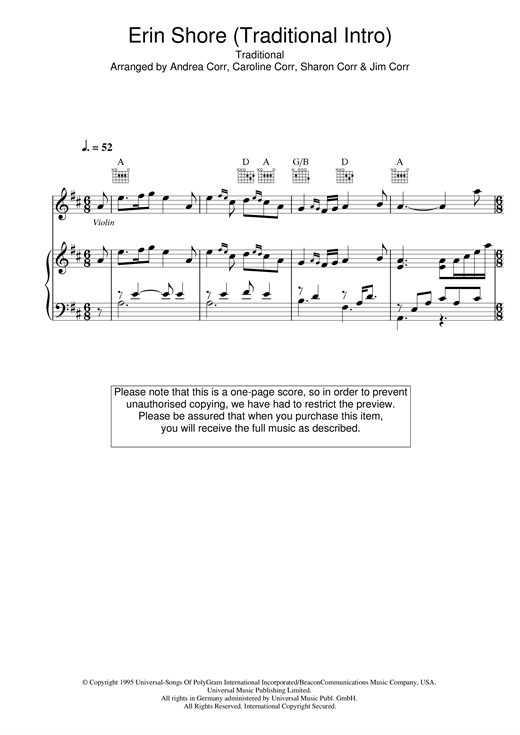 Preview The Corrs Erin Shore (Traditional Intro) Folk sheet music, notes and chords for Piano, Vocal & Guitar (Right-Hand Melody), SKU: 14851 Erin Shore (Traditional Intro) sheet music