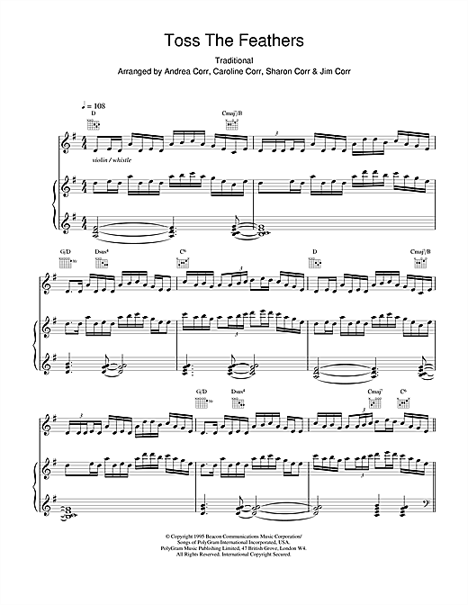 Preview The Corrs Toss The Feathers Folk sheet music, notes and chords for Piano, Vocal & Guitar, SKU: 14854 sheet music, piano notes, chords, guitar tabs, score, transpose, transcribe, how to play, guide, download, learn, tutorial, progression, song, artist, awards, billboard, mtv, vh1, tour, single, album, release