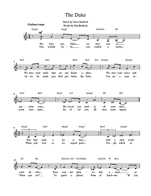 Preview Dave Brubeck The Duke Jazz sheet music, notes and chords for Melody Line, Lyrics & Chords, SKU: 14855 sheet music, piano notes, chords, guitar tabs, score, transpose, transcribe, how to play, guide, download, learn, tutorial, progression, song, artist, awards, billboard, mtv, vh1, tour, single, album, release