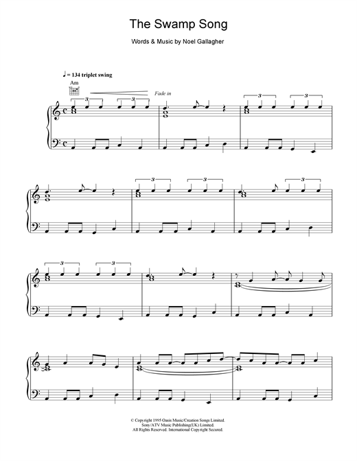 Preview Oasis The Swamp Song Pop sheet music, notes and chords for Piano, Vocal & Guitar (Right-Hand Melody), SKU: 14858 sheet music, piano notes, chords, guitar tabs, score, transpose, transcribe, how to play, guide, download, learn, tutorial, progression, song, artist, awards, billboard, mtv, vh1, tour, single, album, release