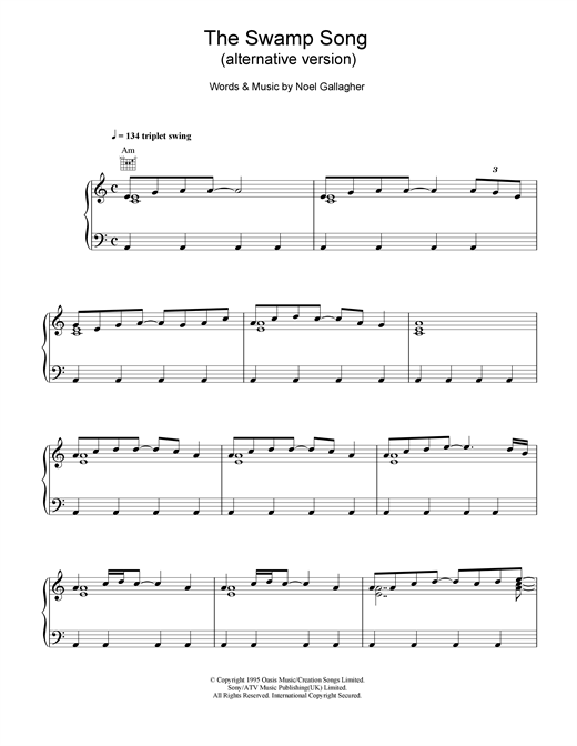 Preview Oasis The Swamp Song (alternative version) Pop sheet music, notes and chords for Piano, Vocal & Guitar (Right-Hand Melody), SKU: 14859 sheet music, piano notes, chords, guitar tabs, score, transpose, transcribe, how to play, guide, download, learn, tutorial, progression, song, artist, awards, billboard, mtv, vh1, tour, single, album, release