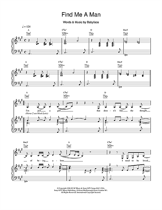 Preview Toni Braxton Find Me A Man R & B sheet music, notes and chords for Piano, Vocal & Guitar (Right-Hand Melody), SKU: 14863 sheet music, piano notes, chords, guitar tabs, score, transpose, transcribe, how to play, guide, download, learn, tutorial, progression, song, artist, awards, billboard, mtv, vh1, tour, single, album, release