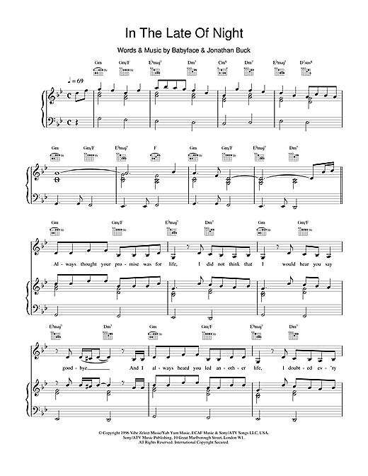 Preview Toni Braxton In The Late Of Night R & B sheet music, notes and chords for Piano, Vocal & Guitar (Right-Hand Melody), SKU: 14866 sheet music, piano notes, chords, guitar tabs, score, transpose, transcribe, how to play, guide, download, learn, tutorial, progression, song, artist, awards, billboard, mtv, vh1, tour, single, album, release