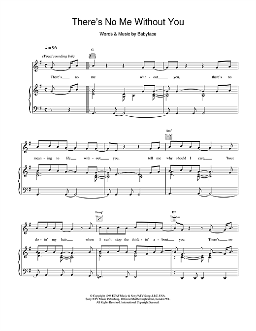 Preview Toni Braxton There's No Me Without You R & B sheet music, notes and chords for Piano, Vocal & Guitar (Right-Hand Melody), SKU: 14869 There's No Me Without You sheet music