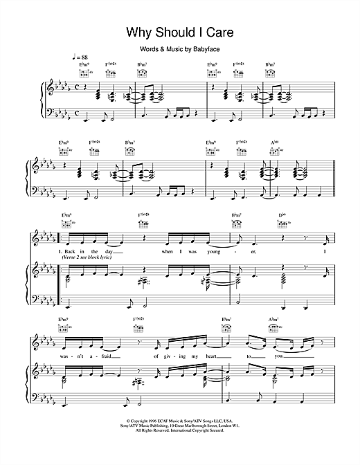 Preview Toni Braxton Why Should I Care R & B sheet music, notes and chords for Piano, Vocal & Guitar (Right-Hand Melody), SKU: 14870 Why Should I Care sheet music