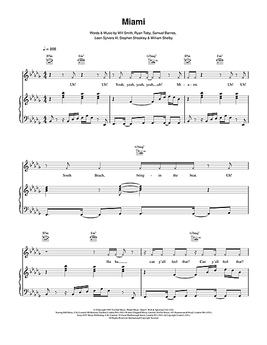 Preview Will Smith Miami R & B sheet music, notes and chords for Piano, Vocal & Guitar, SKU: 14878 sheet music, piano notes, chords, guitar tabs, score, transpose, transcribe, how to play, guide, download, learn, tutorial, progression, song, artist, awards, billboard, mtv, vh1, tour, single, album, release