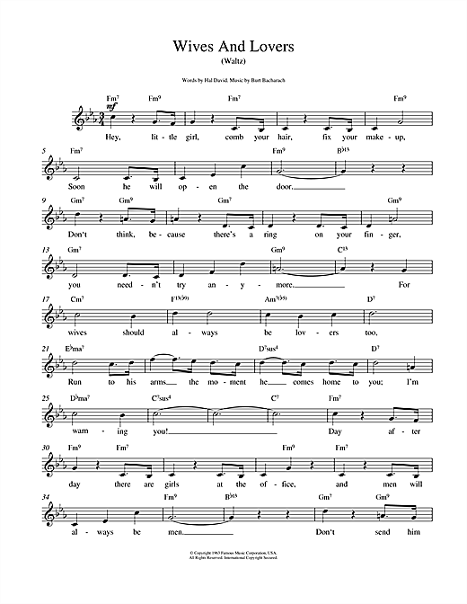 Preview Bacharach & David Wives And Lovers (Hey, Little Girl) Pop sheet music, notes and chords for Melody Line, Lyrics & Chords, SKU: 14881 sheet music, piano notes, chords, guitar tabs, score, transpose, transcribe, how to play, guide, download, learn, tutorial, progression, song, artist, awards, billboard, mtv, vh1, tour, single, album, release