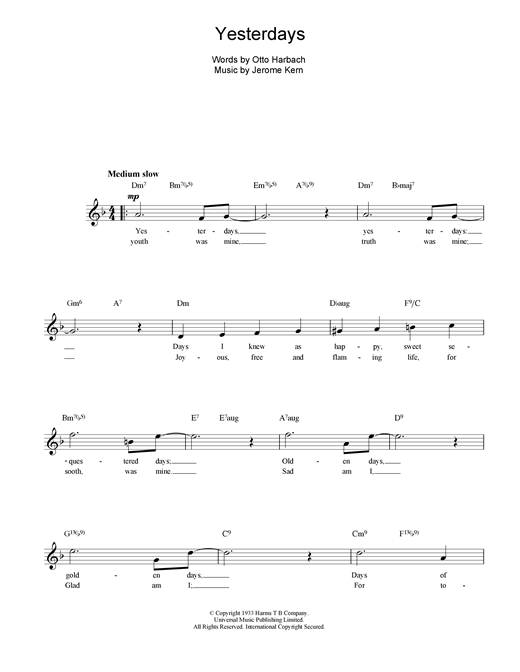 Preview Jerome Kern Yesterdays Pop sheet music, notes and chords for Melody Line, Lyrics & Chords, SKU: 14883 sheet music, piano notes, chords, guitar tabs, score, transpose, transcribe, how to play, guide, download, learn, tutorial, progression, song, artist, awards, billboard, mtv, vh1, tour, single, album, release