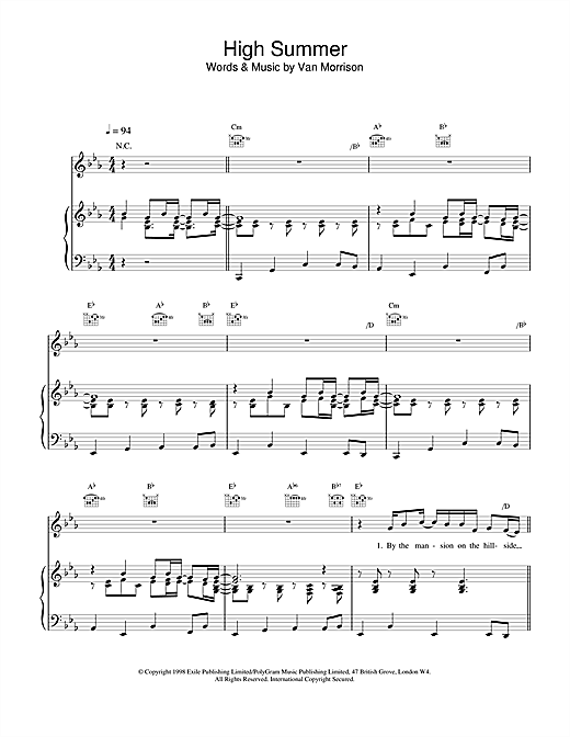 Preview Van Morrison High Summer Pop sheet music, notes and chords for Piano, Vocal & Guitar, SKU: 14933 sheet music, piano notes, chords, guitar tabs, score, transpose, transcribe, how to play, guide, download, learn, tutorial, progression, song, artist, awards, billboard, mtv, vh1, tour, single, album, release