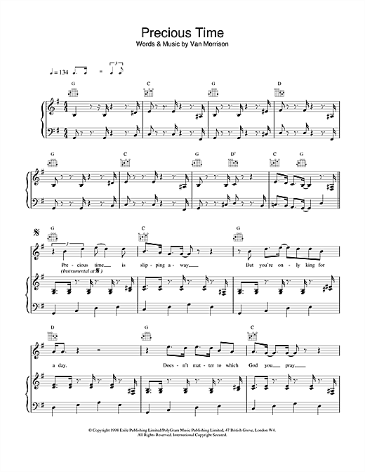 Preview Van Morrison Precious Time Pop sheet music, notes and chords for Piano, Vocal & Guitar, SKU: 14937 sheet music, piano notes, chords, guitar tabs, score, transpose, transcribe, how to play, guide, download, learn, tutorial, progression, song, artist, awards, billboard, mtv, vh1, tour, single, album, release