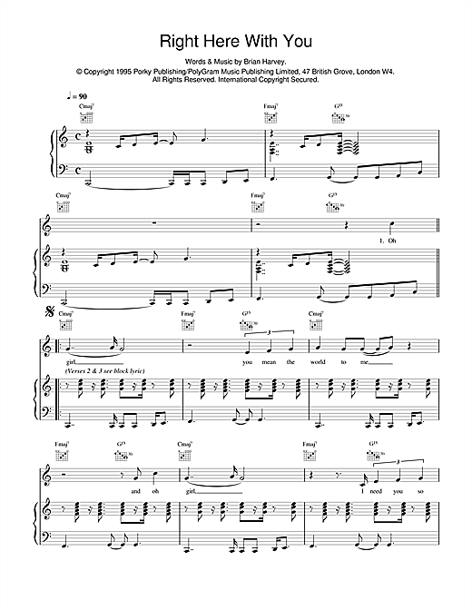 Preview East 17 Right Here With You Pop sheet music, notes and chords for Piano, Vocal & Guitar (Right-Hand Melody), SKU: 14973 Right Here With You sheet music