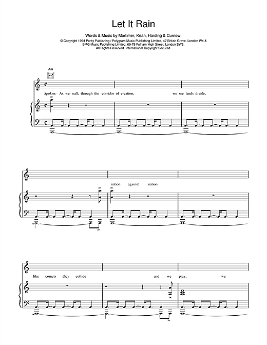 Preview East 17 Let It Rain Pop sheet music, notes and chords for Piano, Vocal & Guitar (Right-Hand Melody), SKU: 14980 Let It Rain sheet music
