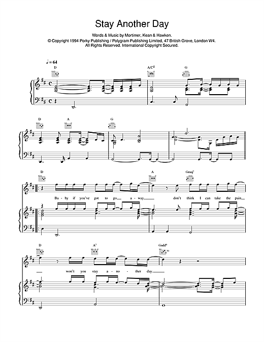 Preview East 17 Stay Another Day Dance sheet music, notes and chords for Piano, Vocal & Guitar (Right-Hand Melody), SKU: 14983 sheet music, piano notes, chords, guitar tabs, score, transpose, transcribe, how to play, guide, download, learn, tutorial, progression, song, artist, awards, billboard, mtv, vh1, tour, single, album, release