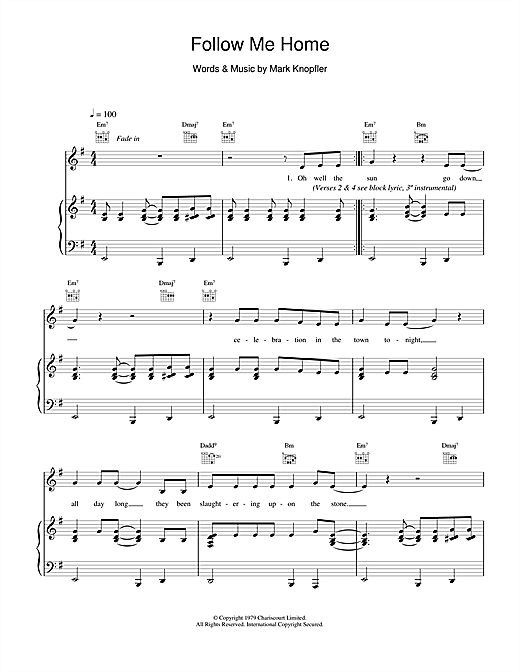 Preview Dire Straits Follow Me Home Rock sheet music, notes and chords for Piano, Vocal & Guitar (Right-Hand Melody), SKU: 14988 sheet music, piano notes, chords, guitar tabs, score, transpose, transcribe, how to play, guide, download, learn, tutorial, progression, song, artist, awards, billboard, mtv, vh1, tour, single, album, release