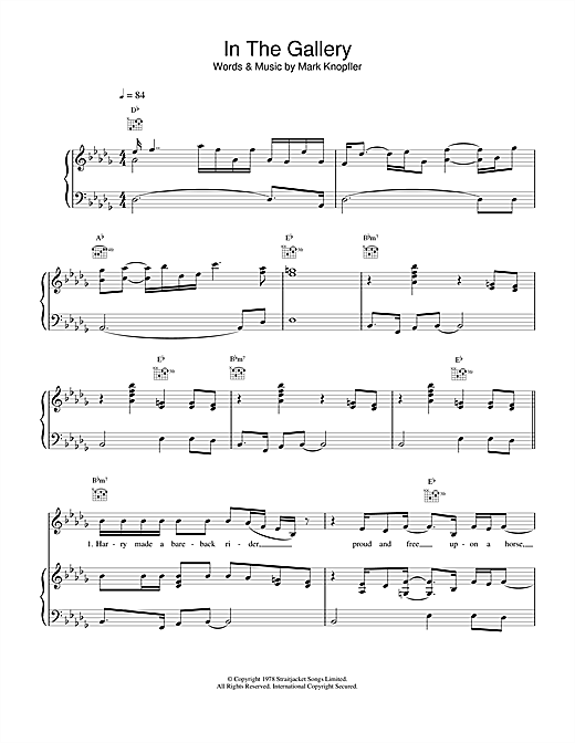 Preview Dire Straits In The Gallery Rock sheet music, notes and chords for Piano, Vocal & Guitar (Right-Hand Melody), SKU: 14990 sheet music, piano notes, chords, guitar tabs, score, transpose, transcribe, how to play, guide, download, learn, tutorial, progression, song, artist, awards, billboard, mtv, vh1, tour, single, album, release