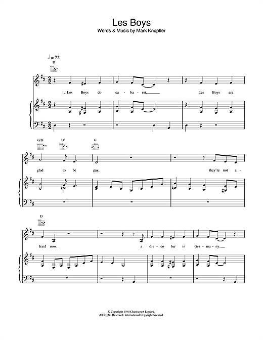 Preview Dire Straits Les Boys Rock sheet music, notes and chords for Piano, Vocal & Guitar (Right-Hand Melody), SKU: 14992 sheet music, piano notes, chords, guitar tabs, score, transpose, transcribe, how to play, guide, download, learn, tutorial, progression, song, artist, awards, billboard, mtv, vh1, tour, single, album, release