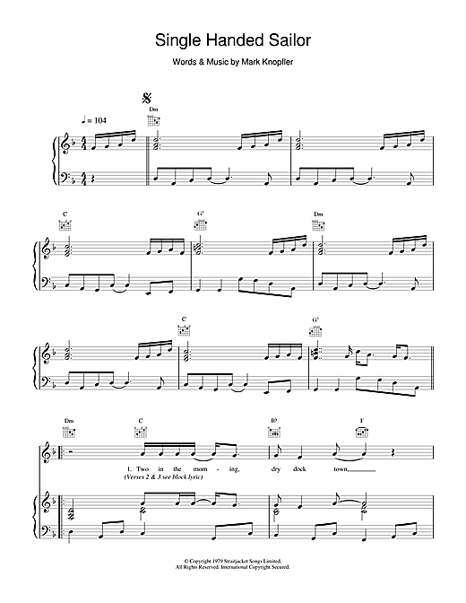 Preview Dire Straits Single Handed Sailor Rock sheet music, notes and chords for Piano, Vocal & Guitar (Right-Hand Melody), SKU: 14997 sheet music, piano notes, chords, guitar tabs, score, transpose, transcribe, how to play, guide, download, learn, tutorial, progression, song, artist, awards, billboard, mtv, vh1, tour, single, album, release