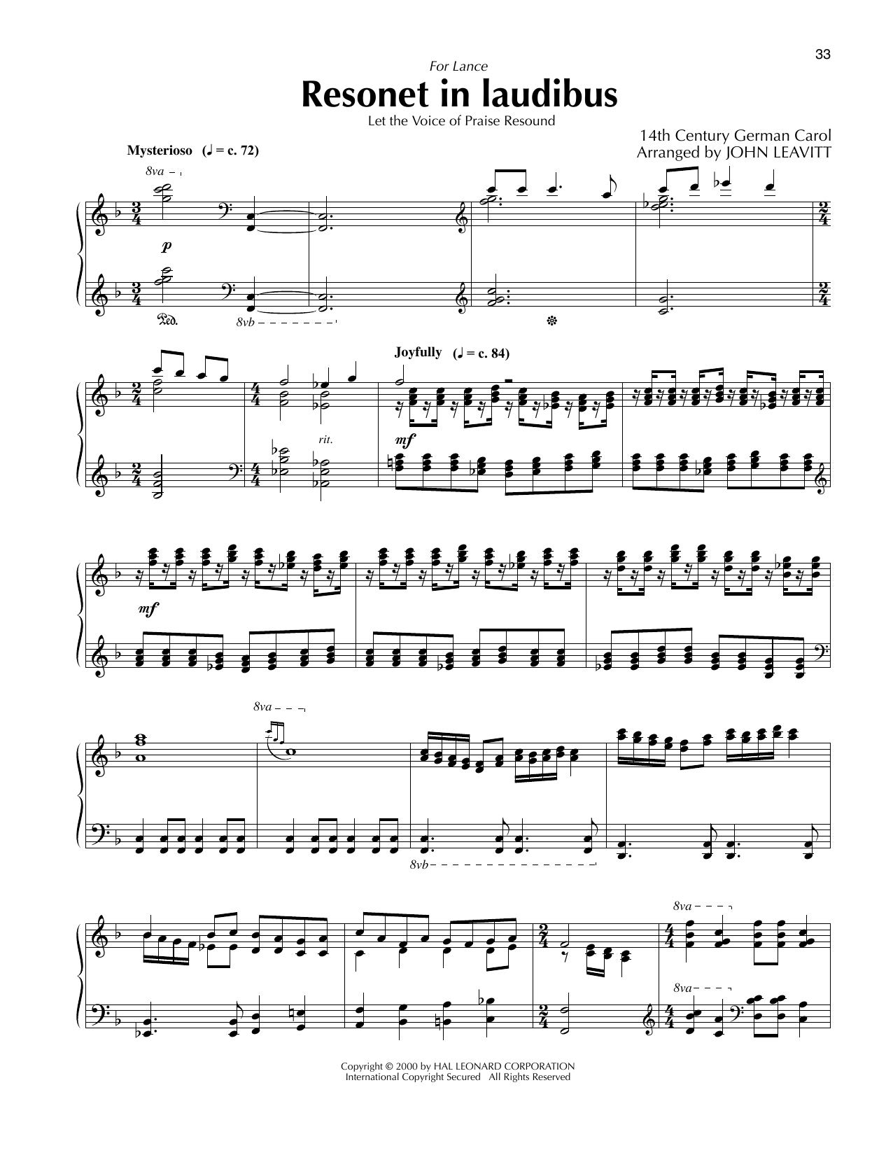14th Century German Carol Resonet In Laudibus (arr. John Leavitt) Sheet Music Notes & Chords for Piano Solo - Download or Print PDF