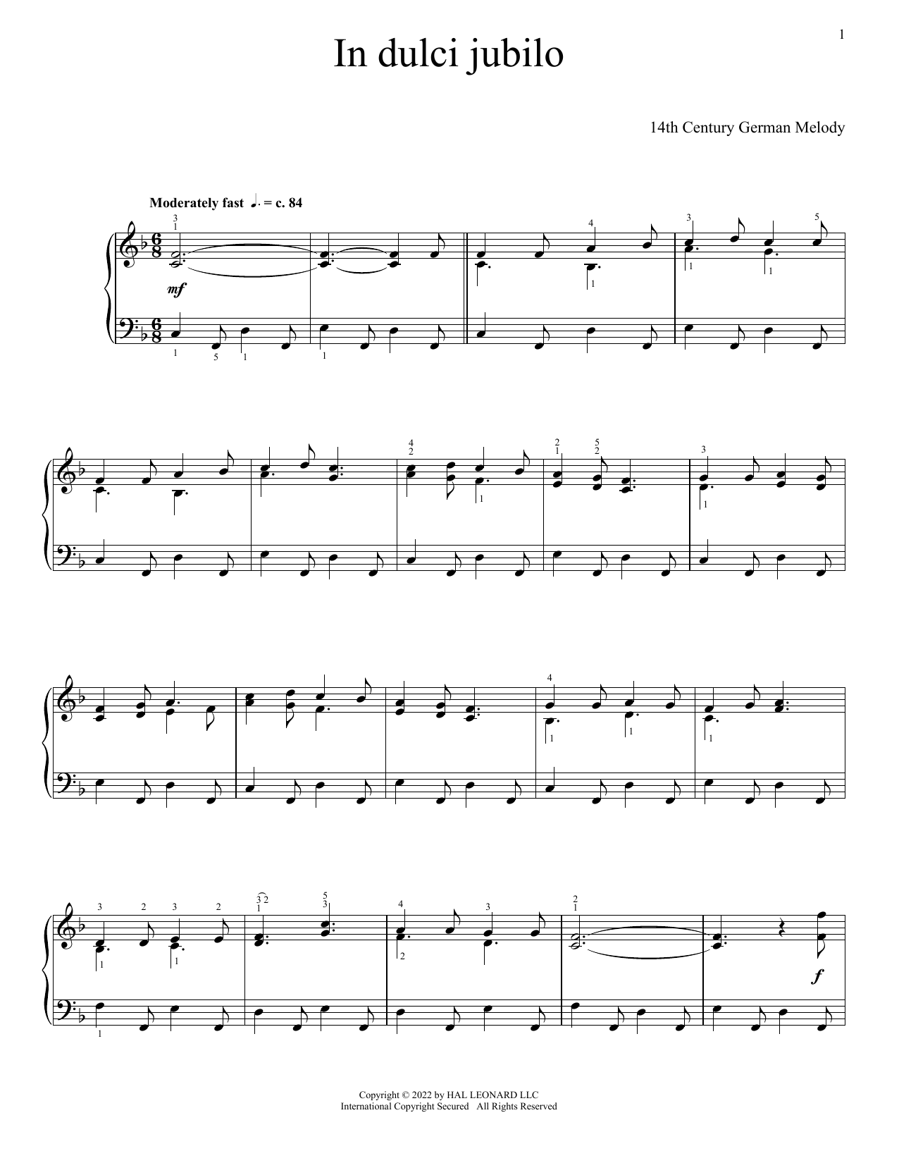 14th Century German Melody In Dulci Jubilo Sheet Music Notes & Chords for Piano Solo - Download or Print PDF
