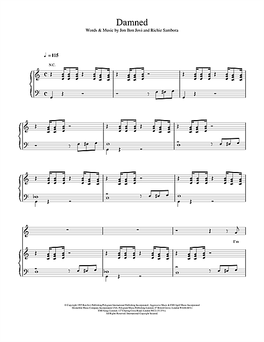 Preview Bon Jovi Damned Rock sheet music, notes and chords for Piano, Vocal & Guitar (Right-Hand Melody), SKU: 15005 sheet music, piano notes, chords, guitar tabs, score, transpose, transcribe, how to play, guide, download, learn, tutorial, progression, song, artist, awards, billboard, mtv, vh1, tour, single, album, release