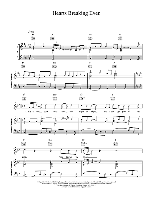 Preview Bon Jovi Hearts Breaking Even Rock sheet music, notes and chords for Piano, Vocal & Guitar (Right-Hand Melody), SKU: 15007 sheet music, piano notes, chords, guitar tabs, score, transpose, transcribe, how to play, guide, download, learn, tutorial, progression, song, artist, awards, billboard, mtv, vh1, tour, single, album, release