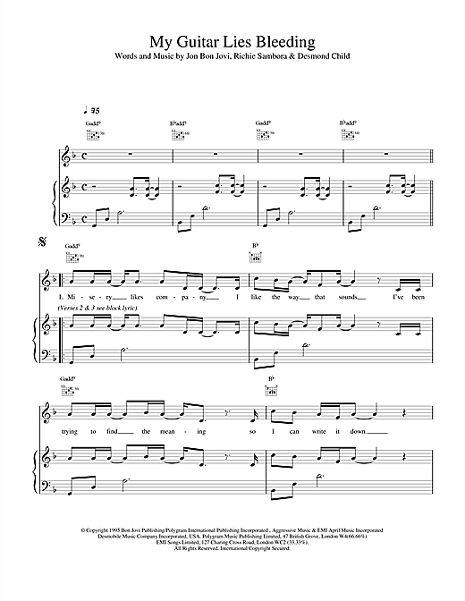 Preview Bon Jovi My Guitar Lies Bleeding Rock sheet music, notes and chords for Piano, Vocal & Guitar (Right-Hand Melody), SKU: 15012 sheet music, piano notes, chords, guitar tabs, score, transpose, transcribe, how to play, guide, download, learn, tutorial, progression, song, artist, awards, billboard, mtv, vh1, tour, single, album, release