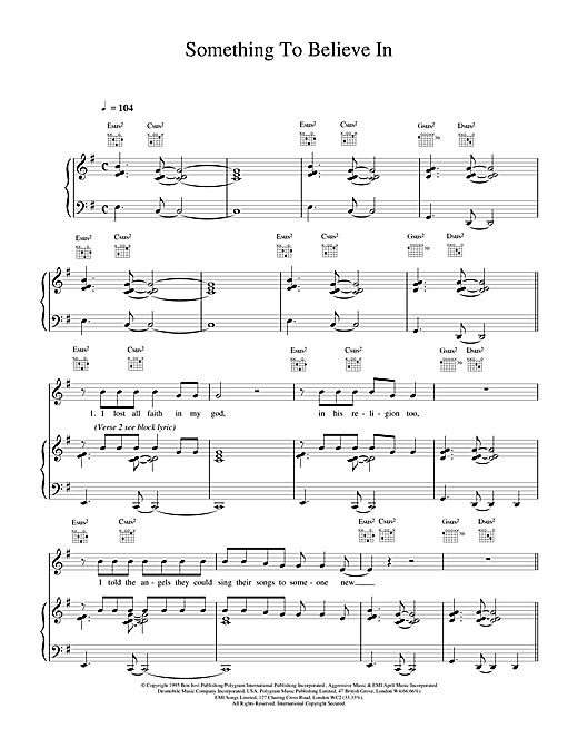 Preview Bon Jovi Something To Believe In Rock sheet music, notes and chords for Piano, Vocal & Guitar (Right-Hand Melody), SKU: 15014 sheet music, piano notes, chords, guitar tabs, score, transpose, transcribe, how to play, guide, download, learn, tutorial, progression, song, artist, awards, billboard, mtv, vh1, tour, single, album, release