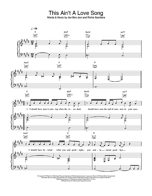 Preview Bon Jovi This Ain't A Love Song Rock sheet music, notes and chords for Piano, Vocal & Guitar (Right-Hand Melody), SKU: 15016 sheet music, piano notes, chords, guitar tabs, score, transpose, transcribe, how to play, guide, download, learn, tutorial, progression, song, artist, awards, billboard, mtv, vh1, tour, single, album, release