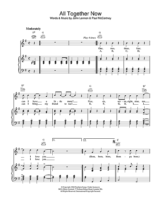 Preview The Beatles All Together Now Rock sheet music, notes and chords for Piano, Vocal & Guitar (Right-Hand Melody), SKU: 15019 sheet music, piano notes, chords, guitar tabs, score, transpose, transcribe, how to play, guide, download, learn, tutorial, progression, song, artist, awards, billboard, mtv, vh1, tour, single, album, release