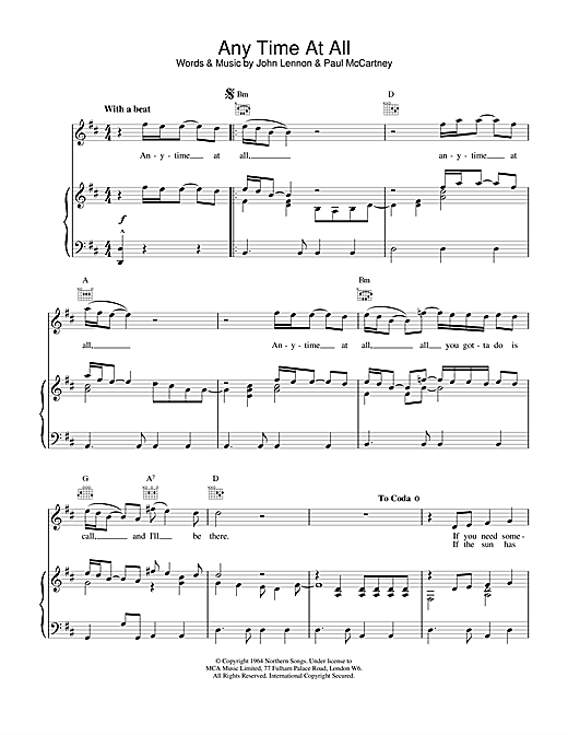 Preview The Beatles Any Time At All Rock sheet music, notes and chords for Piano, Vocal & Guitar (Right-Hand Melody), SKU: 15023 sheet music, piano notes, chords, guitar tabs, score, transpose, transcribe, how to play, guide, download, learn, tutorial, progression, song, artist, awards, billboard, mtv, vh1, tour, single, album, release