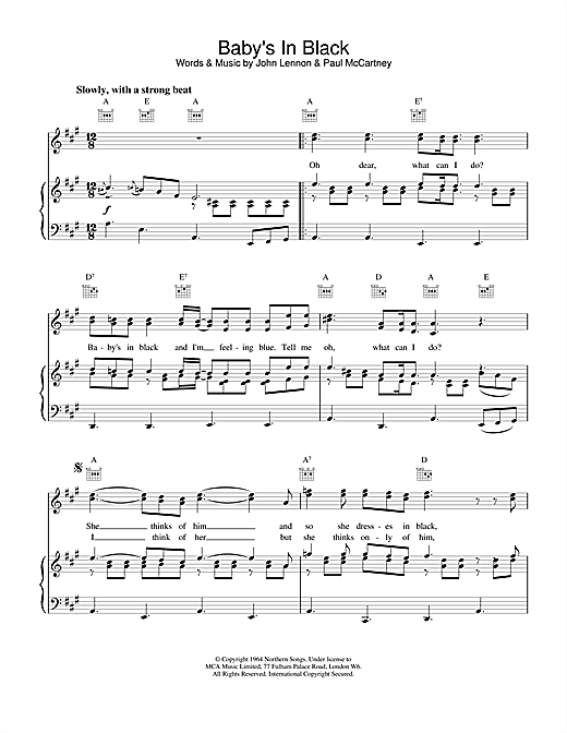 Preview The Beatles Baby's In Black Rock sheet music, notes and chords for Piano, Vocal & Guitar (Right-Hand Melody), SKU: 15026 sheet music, piano notes, chords, guitar tabs, score, transpose, transcribe, how to play, guide, download, learn, tutorial, progression, song, artist, awards, billboard, mtv, vh1, tour, single, album, release