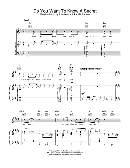 Preview The Beatles Do You Want To Know A Secret Rock sheet music, notes and chords for Piano, Vocal & Guitar (Right-Hand Melody), SKU: 15028 sheet music, piano notes, chords, guitar tabs, score, transpose, transcribe, how to play, guide, download, learn, tutorial, progression, song, artist, awards, billboard, mtv, vh1, tour, single, album, release