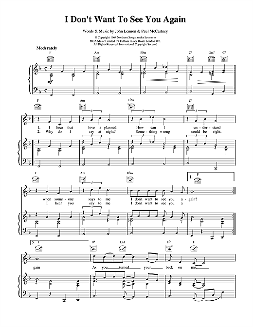Preview Peter and Gordon I Don't Want To See You Again Rock sheet music, notes and chords for Piano, Vocal & Guitar (Right-Hand Melody), SKU: 15033 I Don't Want To See You Again sheet music