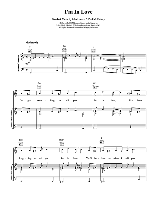 Preview The Beatles I'm In Love Rock sheet music, notes and chords for Piano, Vocal & Guitar (Right-Hand Melody), SKU: 15042 sheet music, piano notes, chords, guitar tabs, score, transpose, transcribe, how to play, guide, download, learn, tutorial, progression, song, artist, awards, billboard, mtv, vh1, tour, single, album, release