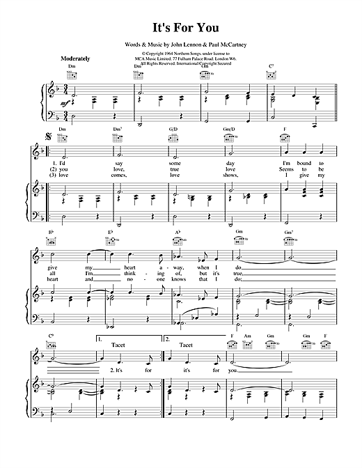 Preview The Beatles It's For You Rock sheet music, notes and chords for Piano, Vocal & Guitar (Right-Hand Melody), SKU: 15049 It's For You sheet music