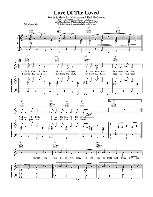 Preview The Beatles Love Of The Loved Rock sheet music, notes and chords for Piano, Vocal & Guitar (Right-Hand Melody), SKU: 15057 sheet music, piano notes, chords, guitar tabs, score, transpose, transcribe, how to play, guide, download, learn, tutorial, progression, song, artist, awards, billboard, mtv, vh1, tour, single, album, release