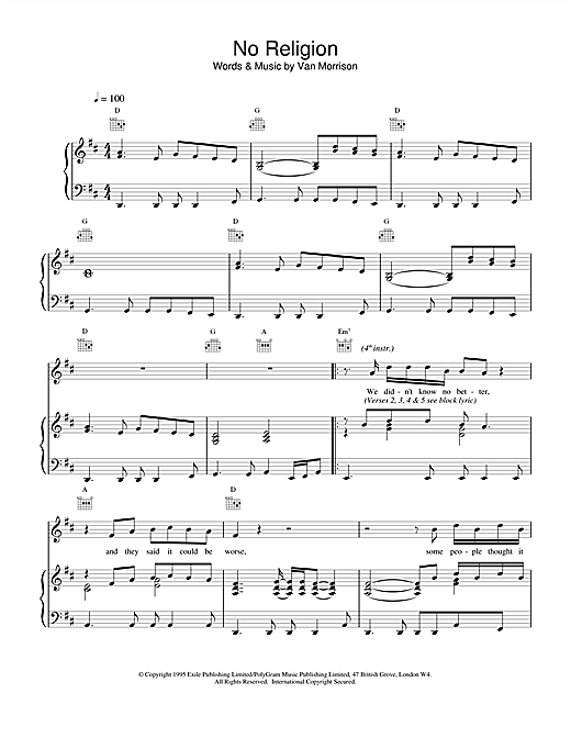 Preview Van Morrison No Religion Pop sheet music, notes and chords for Piano, Vocal & Guitar (Right-Hand Melody), SKU: 15065 No Religion sheet music
