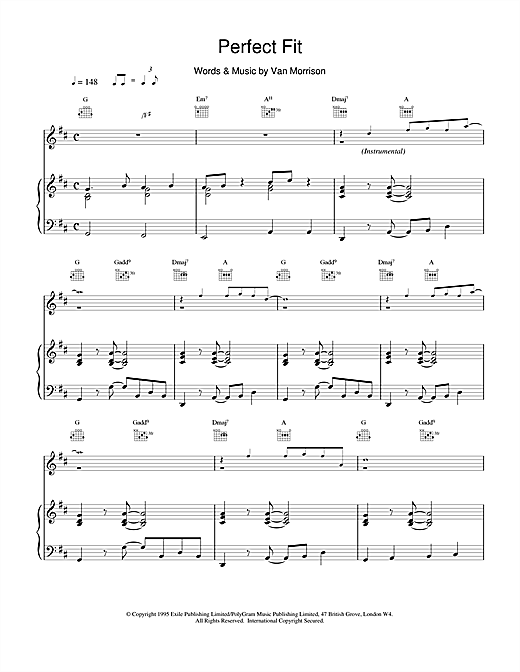 Preview Van Morrison Perfect Fit Pop sheet music, notes and chords for Piano, Vocal & Guitar (Right-Hand Melody), SKU: 15066 sheet music, piano notes, chords, guitar tabs, score, transpose, transcribe, how to play, guide, download, learn, tutorial, progression, song, artist, awards, billboard, mtv, vh1, tour, single, album, release