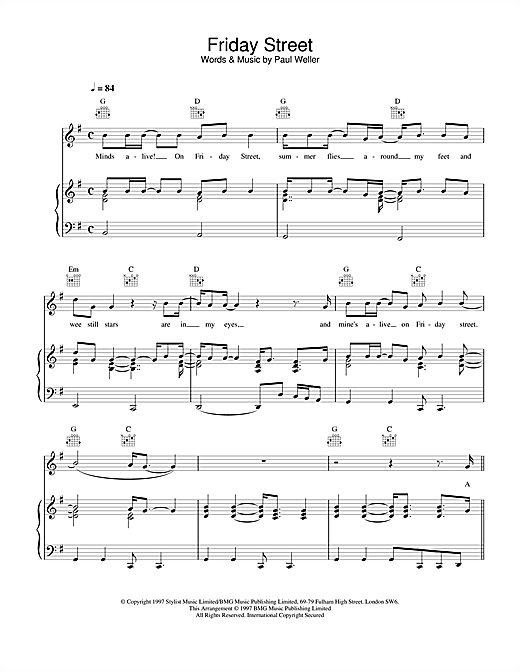Preview Paul Weller Friday Street Rock sheet music, notes and chords for Piano, Vocal & Guitar (Right-Hand Melody), SKU: 15079 sheet music, piano notes, chords, guitar tabs, score, transpose, transcribe, how to play, guide, download, learn, tutorial, progression, song, artist, awards, billboard, mtv, vh1, tour, single, album, release