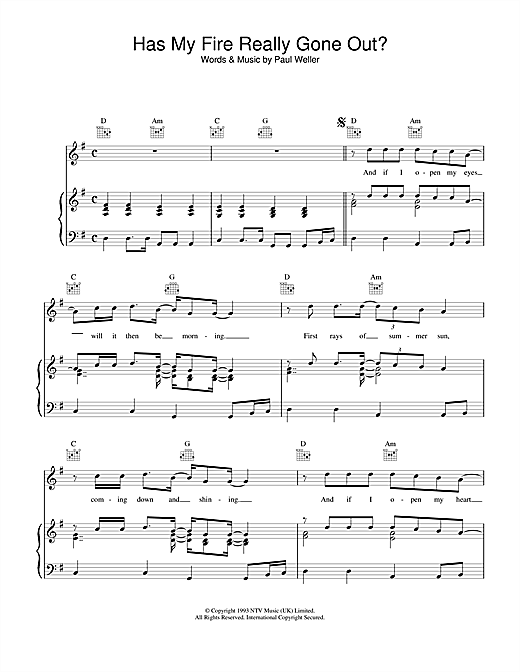 Preview Paul Weller Has My Fire Really Gone Out? Rock sheet music, notes and chords for Piano, Vocal & Guitar (Right-Hand Melody), SKU: 15081 sheet music, piano notes, chords, guitar tabs, score, transpose, transcribe, how to play, guide, download, learn, tutorial, progression, song, artist, awards, billboard, mtv, vh1, tour, single, album, release