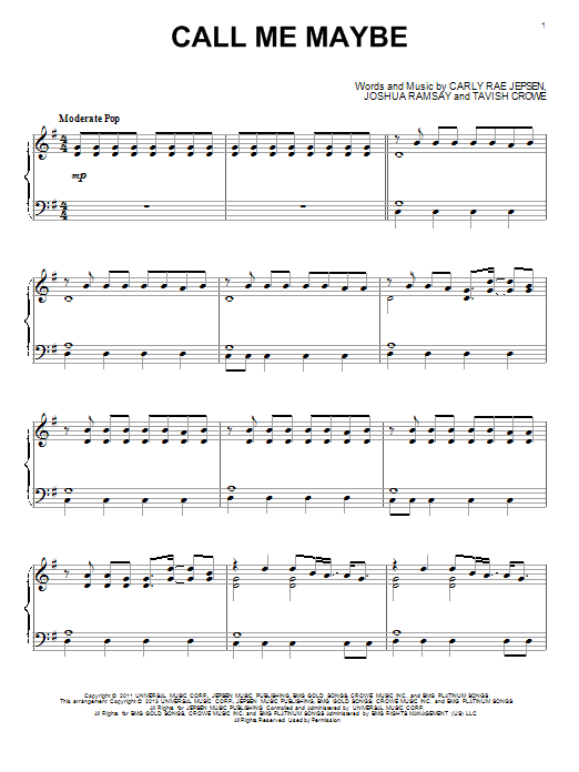 Carly Rae Jepsen Call Me Maybe Sheet Music Notes Chords Download Rock Notes Piano Pdf Print