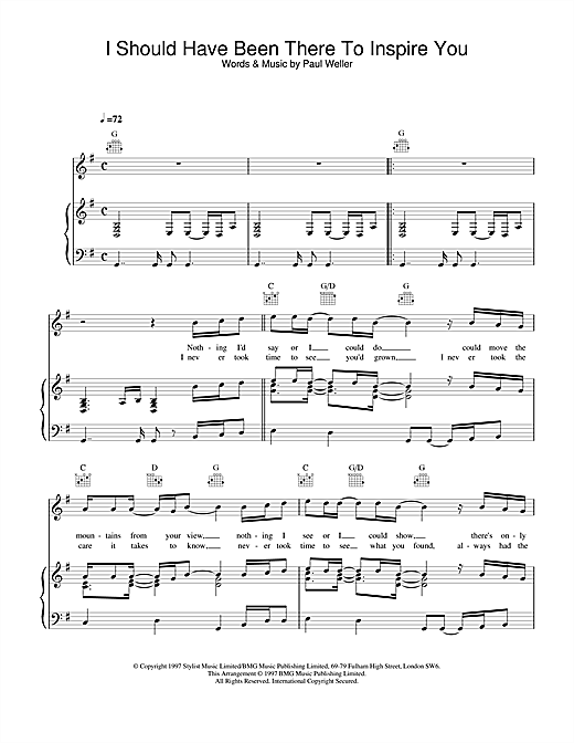 Preview Paul Weller I Should Have Been There To Inspire You Rock sheet music, notes and chords for Piano, Vocal & Guitar (Right-Hand Melody), SKU: 15085 sheet music, piano notes, chords, guitar tabs, score, transpose, transcribe, how to play, guide, download, learn, tutorial, progression, song, artist, awards, billboard, mtv, vh1, tour, single, album, release